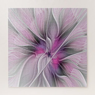 Floral Fractal Modern Abstract Flower Pink Gray Jigsaw Puzzle