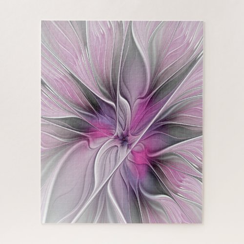 Floral Fractal Modern Abstract Flower Pink Gray Jigsaw Puzzle