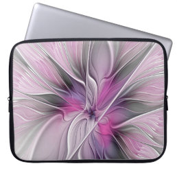 Floral Fractal Modern Abstract Flower Pink Gray Laptop Sleeve