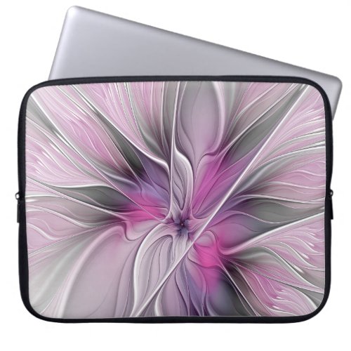 Floral Fractal Modern Abstract Flower Pink Gray Laptop Sleeve