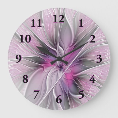 Floral Fractal Modern Abstract Flower Pink Gray Large Clock