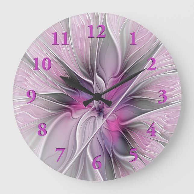 Floral Fractal Modern Abstract Flower Pink Gray Large Clock (Front)