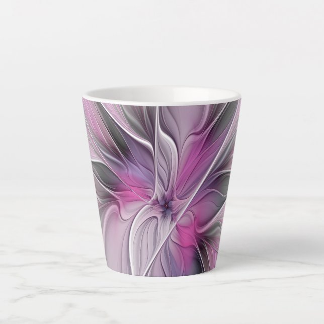 Floral Fractal Modern Abstract Flower Pink Gray Latte Mug (Front)