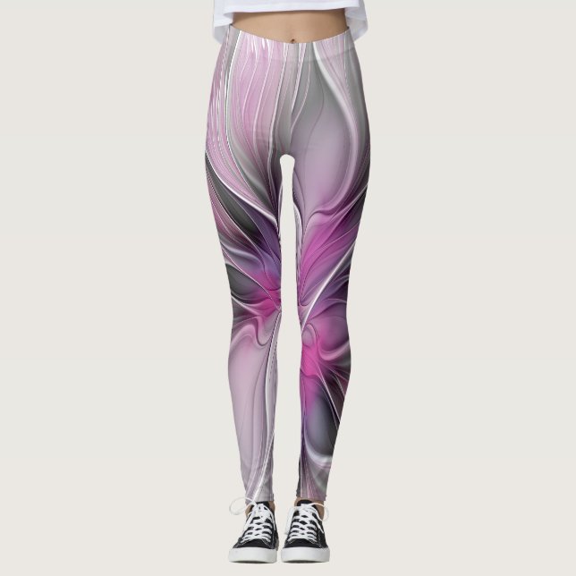 Floral Fractal Modern Abstract Flower Pink Gray Leggings (Front)