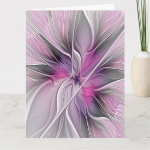 Floral Fractal Modern Abstract Flower Pink Gray Letterpress Thank You Card