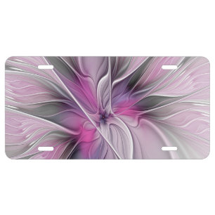 Floral Fractal Modern Abstract Flower Pink Gray License Plate