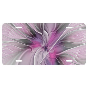 Floral Fractal Modern Abstract Flower Pink Gray License Plate