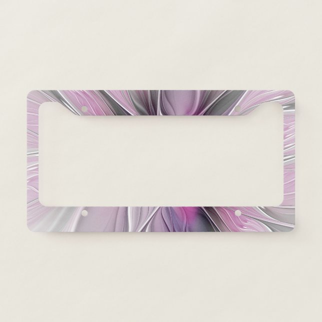 Floral Fractal Modern Abstract Flower Pink Gray License Plate Frame (Front)