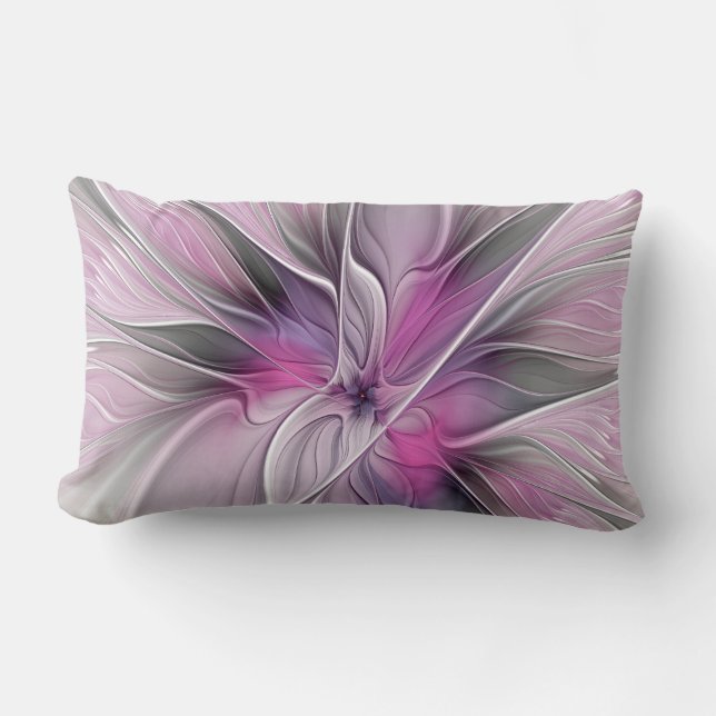 Floral Fractal Modern Abstract Flower Pink Gray Lumbar Pillow (Front)