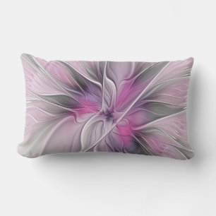 Floral Fractal Modern Abstract Flower Pink Gray Lumbar Pillow