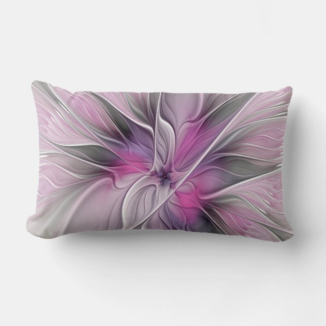 Floral Fractal Modern Abstract Flower Pink Gray Lumbar Pillow (Front)