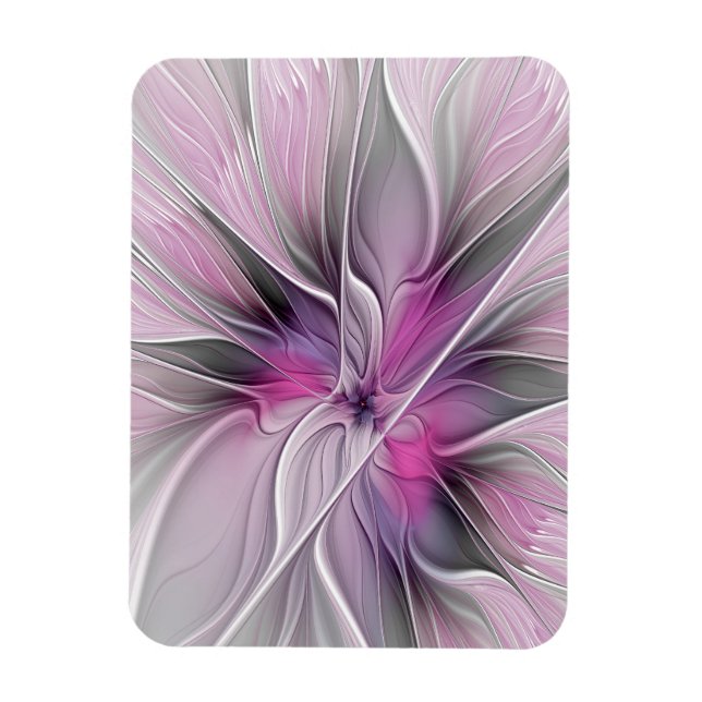 Floral Fractal Modern Abstract Flower Pink Gray Magnet (Vertical)