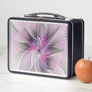Floral Fractal Modern Abstract Flower Pink Gray Metal Lunch Box