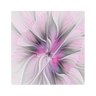 Floral Fractal Modern Abstract Flower Pink Gray Metal Print