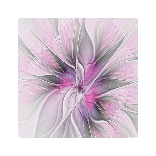 Floral Fractal Modern Abstract Flower Pink Gray Metal Print (Front)