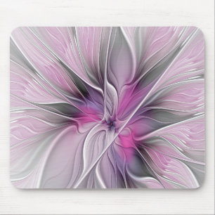 Floral Fractal Modern Abstract Flower Pink Gray Mouse Pad