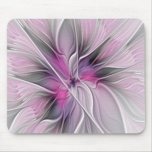 Floral Fractal Modern Abstract Flower Pink Gray Mouse Pad
