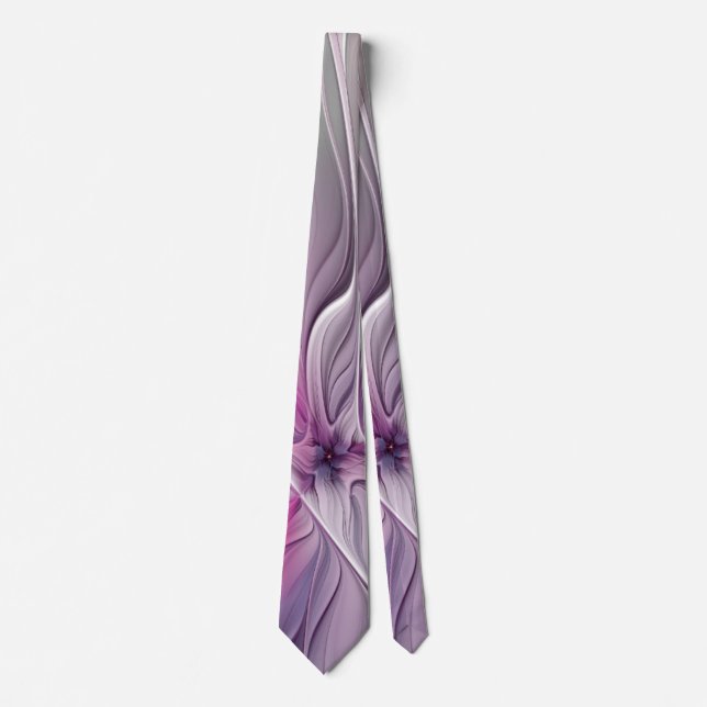 Floral Fractal Modern Abstract Flower Pink Gray Neck Tie (Front)