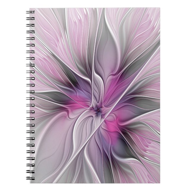 Floral Fractal Modern Abstract Flower Pink Gray Notebook (Front)