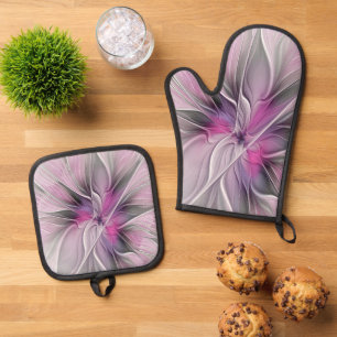 Floral Fractal Modern Abstract Flower Pink Gray Oven Mitt & Pot Holder Set