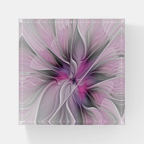 Floral Fractal Modern Abstract Flower Pink Gray Paperweight