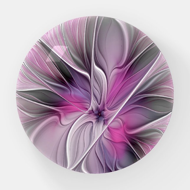 Floral Fractal Modern Abstract Flower Pink Gray Paperweight (Front)