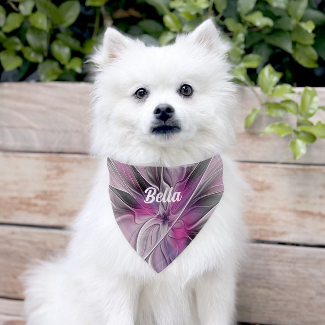 Floral Fractal Modern Abstract Flower Pink Gray Pet Bandana Collar (Dog)