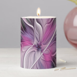 Floral Fractal Modern Abstract Flower Pink Gray Pillar Candle
