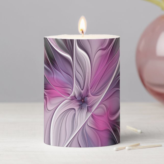 Floral Fractal Modern Abstract Flower Pink Gray Pillar Candle (In Situ)