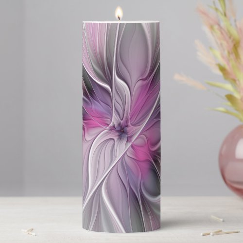 Floral Fractal Modern Abstract Flower Pink Gray Pillar Candle