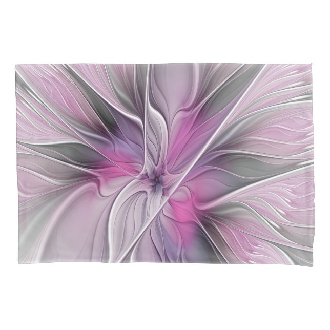 Floral Fractal Modern Abstract Flower Pink Gray Pillow Case (Front)