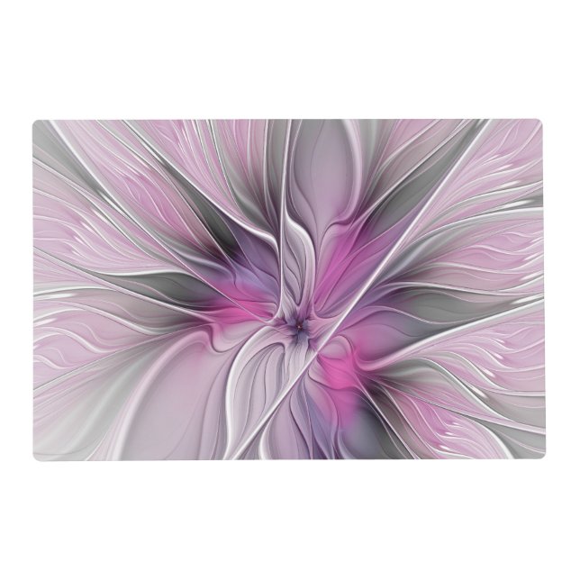 Floral Fractal Modern Abstract Flower Pink Gray Placemat (Front)