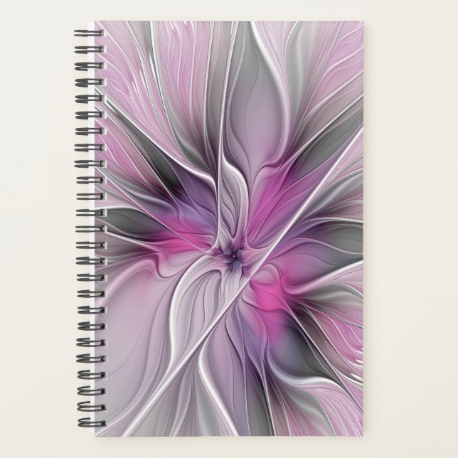 Floral Fractal Modern Abstract Flower Pink Gray Planner (Front)