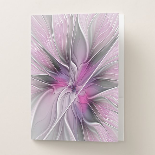 Floral Fractal Modern Abstract Flower Pink Gray Pocket Folder (Front)