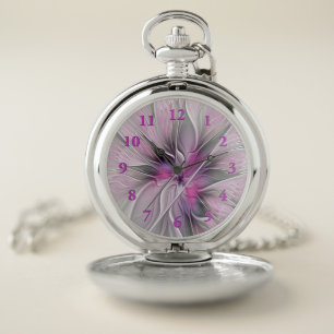 Floral Fractal Modern Abstract Flower Pink Gray Pocket Watch