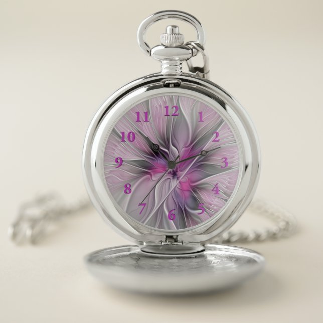 Floral Fractal Modern Abstract Flower Pink Gray Pocket Watch (Inside)