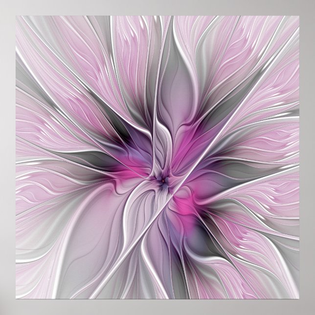Floral Fractal Modern Abstract Flower Pink Gray Poster (Front)