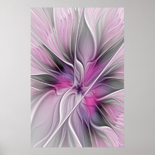 Floral Fractal Modern Abstract Flower Pink Gray Poster