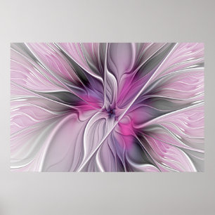 Floral Fractal Modern Abstract Flower Pink Gray Poster