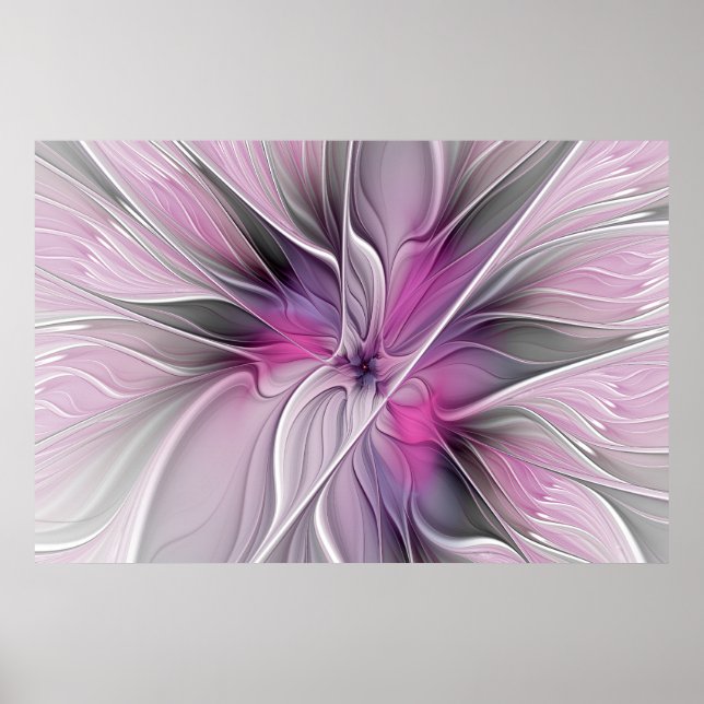 Floral Fractal Modern Abstract Flower Pink Gray Poster (Front)