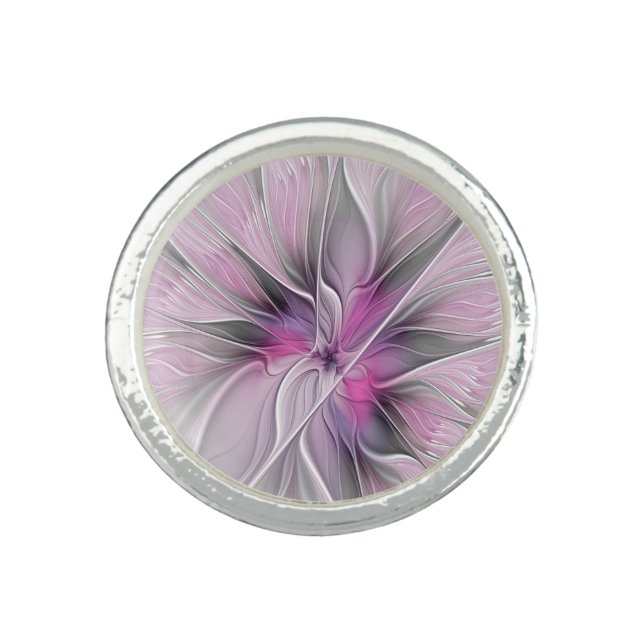 Floral Fractal Modern Abstract Flower Pink Gray Ring (Front)