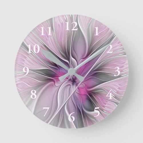 Floral Fractal Modern Abstract Flower Pink Gray Round Clock