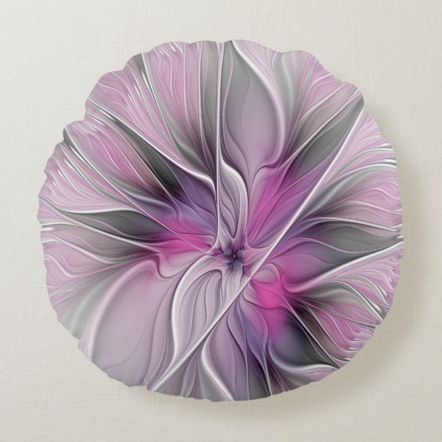 Floral Fractal Modern Abstract Flower Pink Gray Round Pillow (Front)