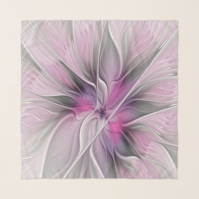 Floral Fractal Modern Abstract Flower Pink Gray Scarf (Front)