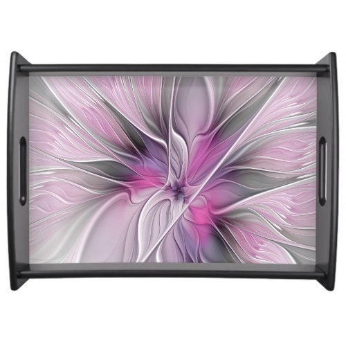 Floral Fractal Modern Abstract Flower Pink Gray Serving Tray