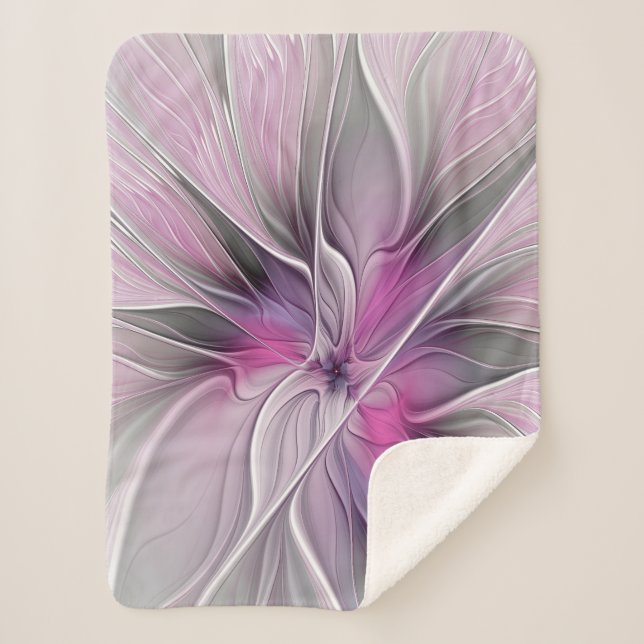 Floral Fractal Modern Abstract Flower Pink Gray Sherpa Blanket (Front)