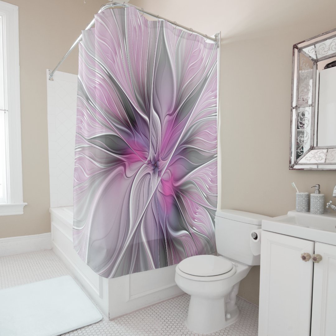 Floral Fractal Modern Abstract Flower Pink Gray Shower Curtain Zazzle