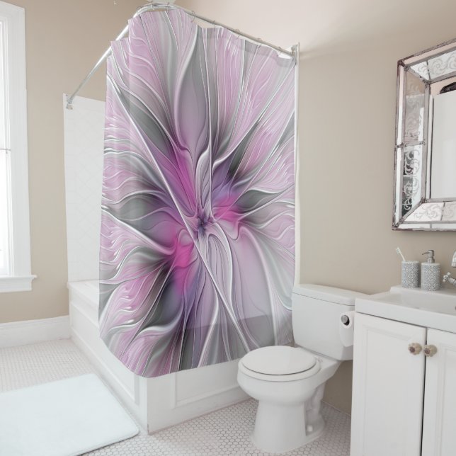 Floral Fractal Modern Abstract Flower Pink Gray Shower Curtain (In Situ)