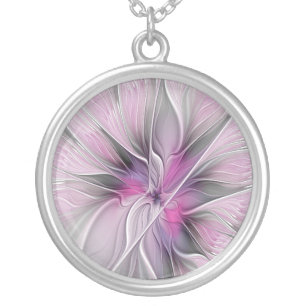 Floral Fractal Modern Abstract Flower Pink Gray Silver Plated Necklace