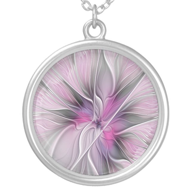 Floral Fractal Modern Abstract Flower Pink Gray Silver Plated Necklace (Front)